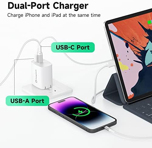 Deegotech 20W Dual-Port iPhone Töltő 10ft Lightning Kábel, Kompatibilis iPhone 14/13/12/11, iPad, Összecsukható Plug Design USB-EGY C Gyors