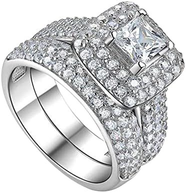 2db Meghatározott Pár Hercegnő Tér Gyémánt Meghatározott Gyűrű Divat Luxus Eljegyzés, Esküvő Ékszer a Nők Funky Gyűrű (Ezüst, 12)