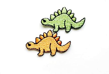 TH Készlet 2 Kicsi. Mini Stegosaurus Dinó Narancs, Zöld Dinoszaurusz Aranyos Rajzfilm Logó Foltokat Varrni Vas a Hímzett Applied Jelvény