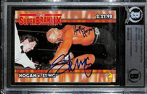 Csíp & Hulk Hogan Aláírt 1999 Topps WCW NWO Nitro Matricák Kártya S2 BAS COA WWE - Dedikált Birkózás Kártyák