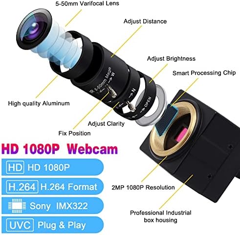 CODSOK USB Kamera, 1080P hd H. 264 CCTV IMX323 5-50mm Webkamera Állítható Varifokális Számítógép, Kamera, Videó Ipari USB Kamera HD Android