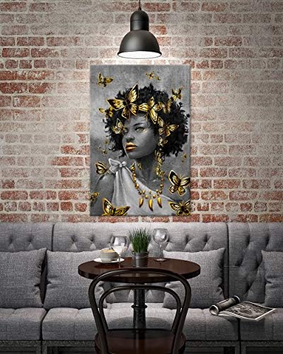iHAPPYWALL Nagy Afro-Amerikai Arany Wall Art Fekete Csinos Hölgy, Pillangó Absztrakt Mű Lány Szoba, Hálószoba, Nappali Dekor Feszített, illetve
