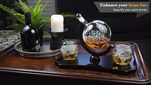 Globe Whiskys Üveget Set - + 2 Whisky Szemüveg Gazdag Fa Klasszikus Mahagóni Alap Tálca - Ajándék Csomagolás - Antik Hajó Whiskey Adagoló