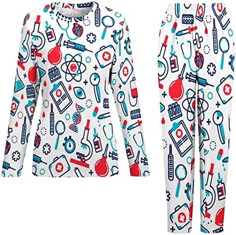 Nővér Orvosi Női Pizsama Szett Hosszú Ujjú Felső Nadrág Puha&Kényelmes Hálóruha, Aranyos Grafikus