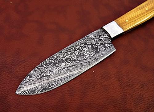 Damaszkuszi acél penge konyha Santoku kés, Természetes KOW fa skála, 10.5 cm hosszú, 5 hosszú csavar minta Damaszkuszi acél penge,