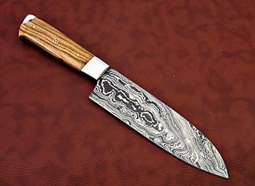 Damaszkuszi acél penge konyha Santoku kés, Természetes KOW fa skála csipke lyuk, 11 cm hosszú, 6 hosszú csavar minta Damaszkuszi acél penge