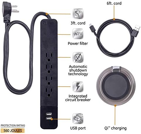 GE UltraPro 4 Outlet 2 USB túlfeszültségvédő a Vezeték nélküli Töltés, 3 ft Tervező Fonott Hosszabbító, magában Foglalja a Qi Töltést Pad