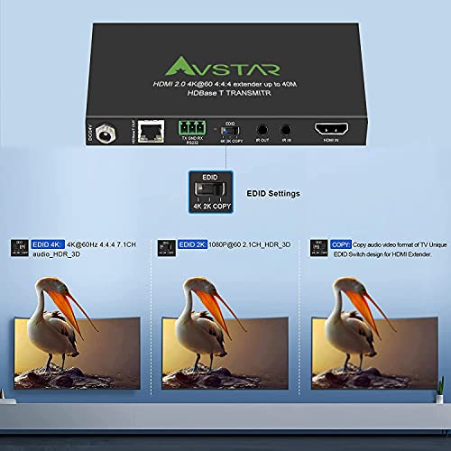 AVFABUL HDMI Extender eszköz Ethernet Felett 4K-60Hz 444 Tömörítetlen Át Cat5e Cat6, hogy 40(165ft)/ 70m (230ft), CEC+RS232+POE+IR+HDCP2.2,