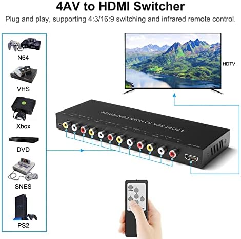 IVY 4 Port RCA-HDMI Átalakító Kettős AV HDMI Adaptert, RCA-HDMI Adapter Támogatás 16:9/4:3 Kompatibilis a WII-t, N64, PS2, VHS,