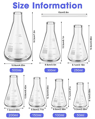 9 Pack Üveg Erlenmeyer Flaska Szett Üveg Keverés Rod, 7-Es Méretű, 50ml, 100ml, 150ml, 200ml, 250ml, 300ml, 500ml, Boroszilikát Üveg