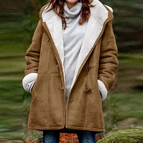 AODONG Téli Kabátok Női Plus Size Bolyhos Polár Bélelt Kabátok Meleg Kabátom Hajtókáját Gomb Le Szőrös Borsó Kabát Zsebekkel