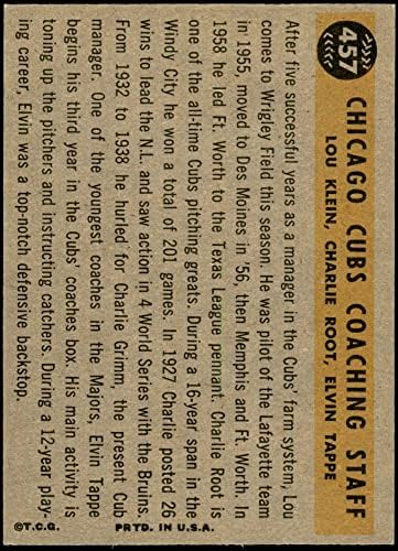 1960 Topps 457 Cubs Edzők Charlie Root/Lou Klein/Elvin Tappe Chicago Cubs (Baseball Kártya) EX/MT Cubs