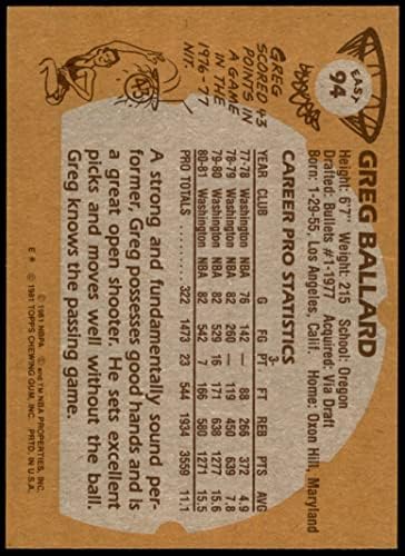 1981 Topps 94 E Greg Ballard Washington Golyók (Varázslók) (Kosárlabda Kártya) NM Golyók (Varázslók) Oregon